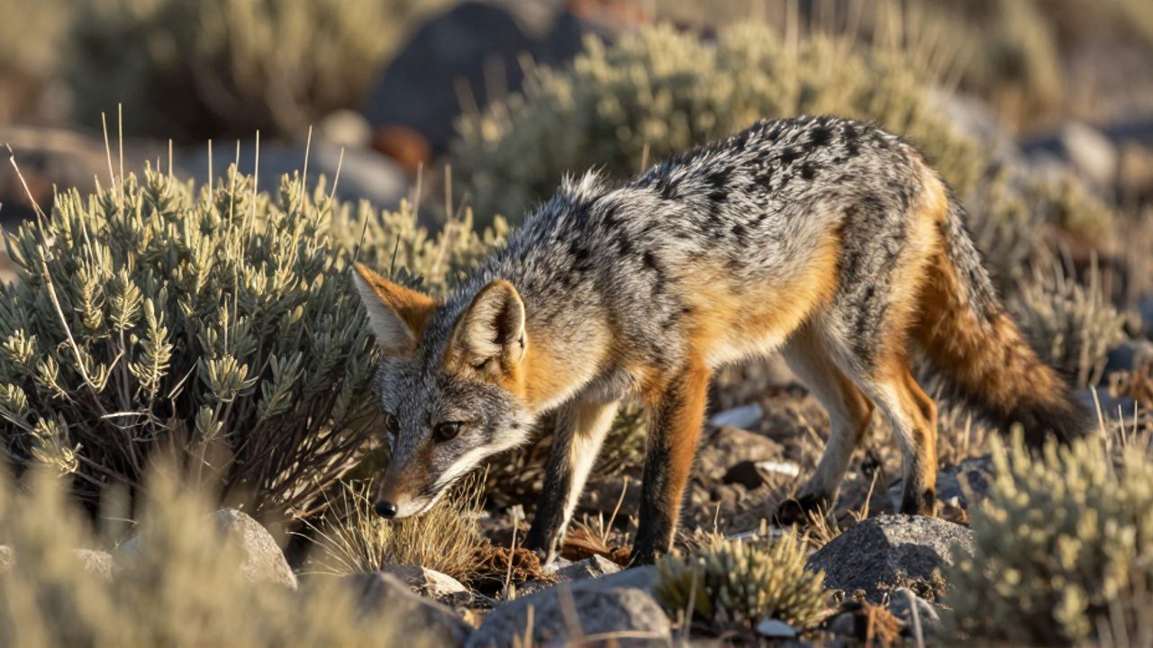 Zorro gris olfateando el suelo entre matorrales y pasto seco en un paisaje de matorral patagónico.