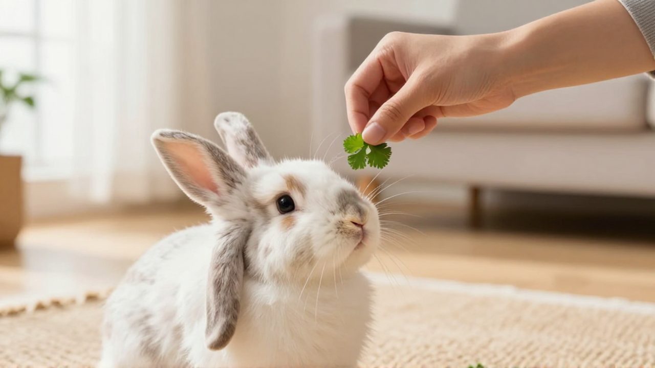 Una persona ofrece un trozo de cilantro a una coneja para captar su atención durante una sesión de aprendizaje.