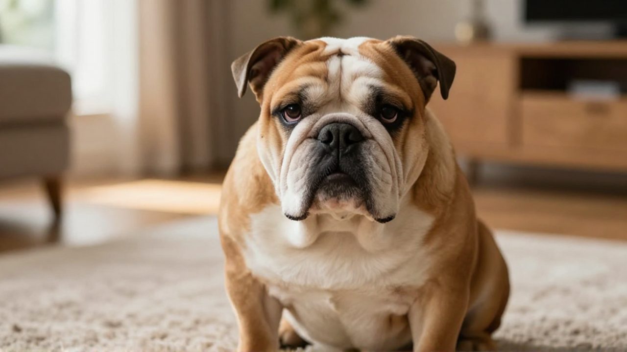 Primer plano de un bulldog inglés con arrugas faciales profundas sentado sobre una alfombra en una sala de estar iluminada por el sol.