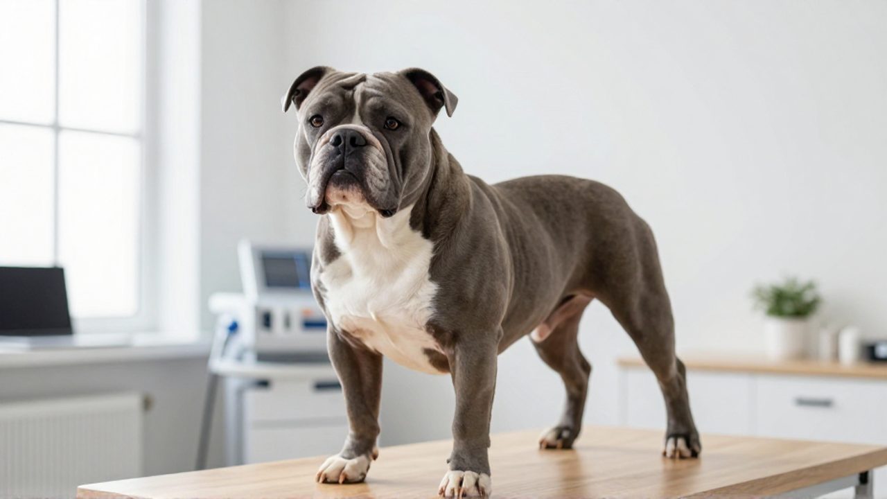 Un bulldog continental de complexión atlética y saludable posa alerta en una clínica veterinaria moderna.