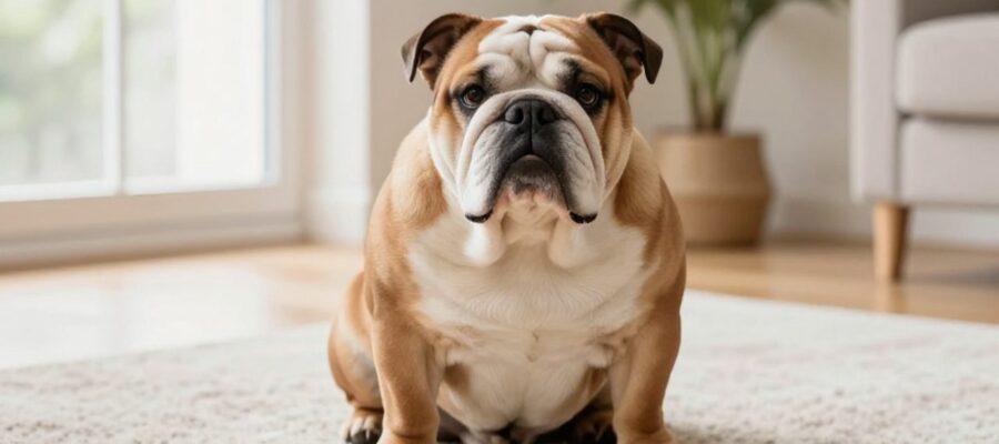 Un bulldog inglés sentado sobre una alfombra en una sala de estar luminosa.