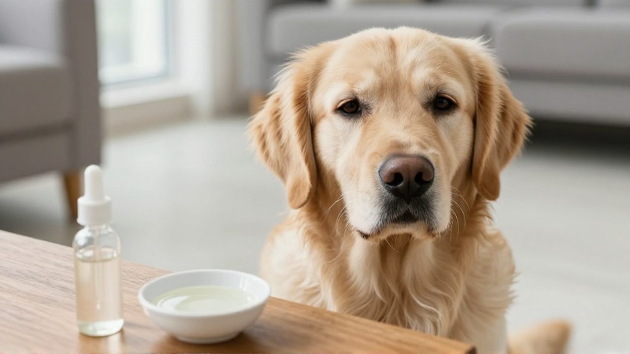 Perro Golden Retriever con expresión de malestar inclinando la cabeza hacia un lado, con un gotero y un cuenco de vinagre desenfocados en primer plano.