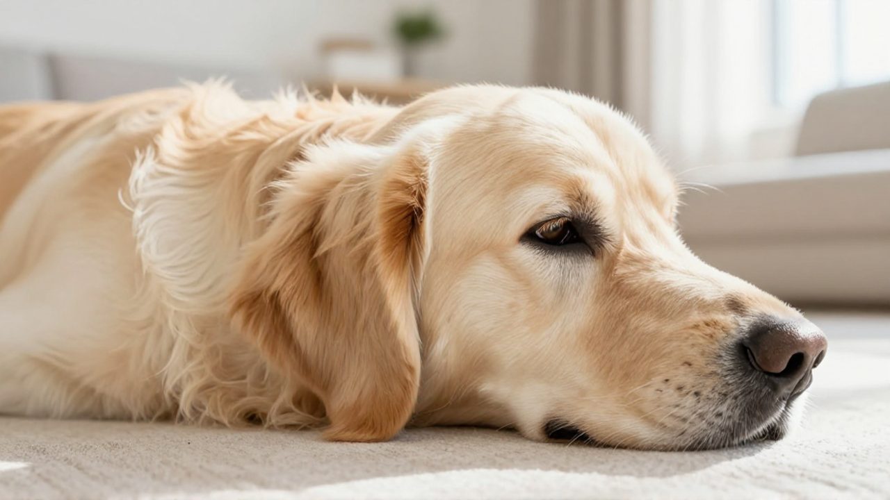 Primer plano de la oreja limpia y bien cuidada de un Golden Retriever descansando sobre un tejido de lino.