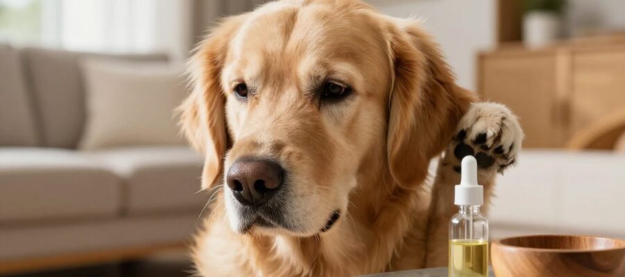 Un perro Golden Retriever con expresión de malestar se toca la oreja con la pata en una sala de estar, con un frasco de gotas y un cuenco de aceite desenfocados al lado.