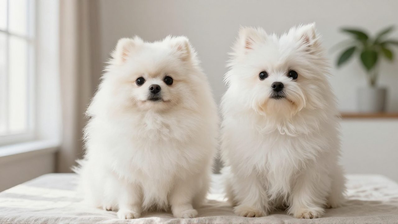 Un Pomerania y un American Eskimo con abundante pelaje blanco sentados juntos en una sala luminosa.