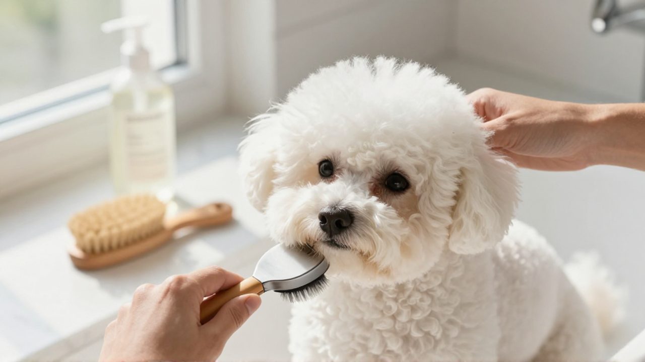 Unas manos pasan un cepillo metálico sobre el espeso pelaje blanco de un Bichón Frisé en un baño luminoso.