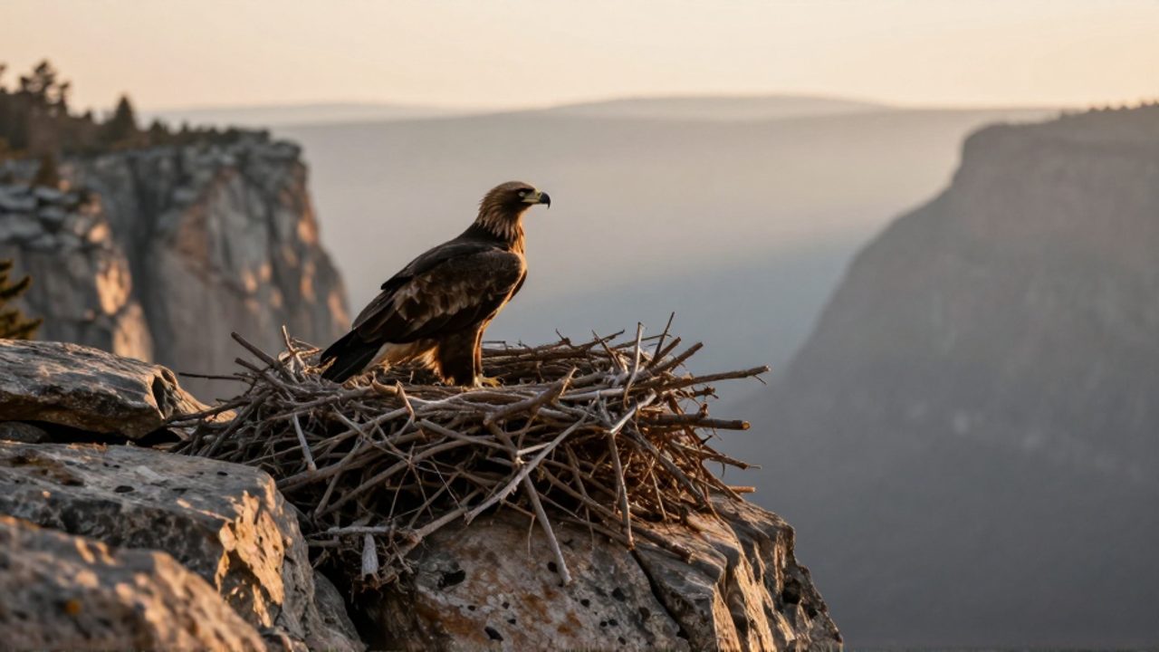 Águila posada en un nido de ramas construido sobre un acantilado de granito con vistas a un cañón brumoso.