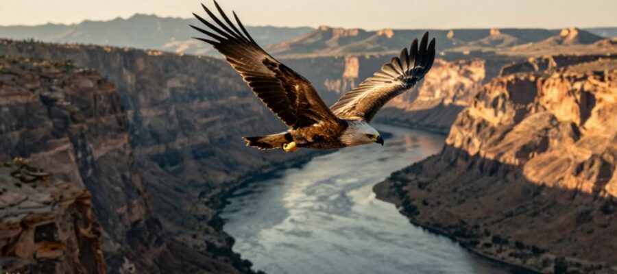 Águila planeando con las alas extendidas sobre un cañón con un río y montañas al fondo bajo la luz del atardecer.
