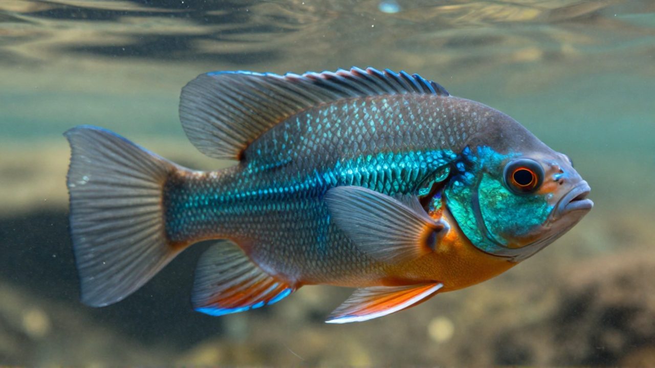 Primer plano lateral de un pez tropical que muestra la estructura de sus branquias y el opérculo entre pequeñas burbujas de oxígeno en el agua.