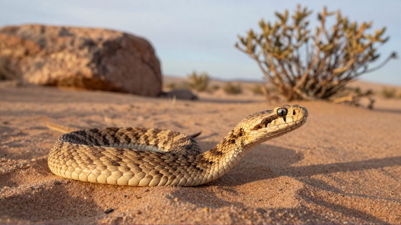 Una serpiente de cascabel de arena con escamas en tonos ocre se encuentra enroscada sobre la arena del desierto de Sonora.