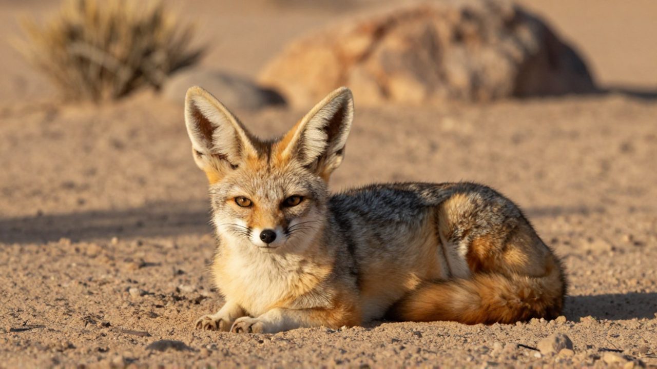 Un zorro kit de color arena descansa sobre el suelo seco del desierto de Sonora, mimetizándose con la vegetación escasa y las rocas.