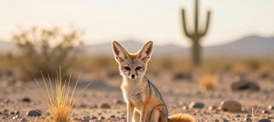 Un zorro kit de pelaje color arena sentado en el desierto de Sonora, destacando sus grandes orejas para regular la temperatura corporal.