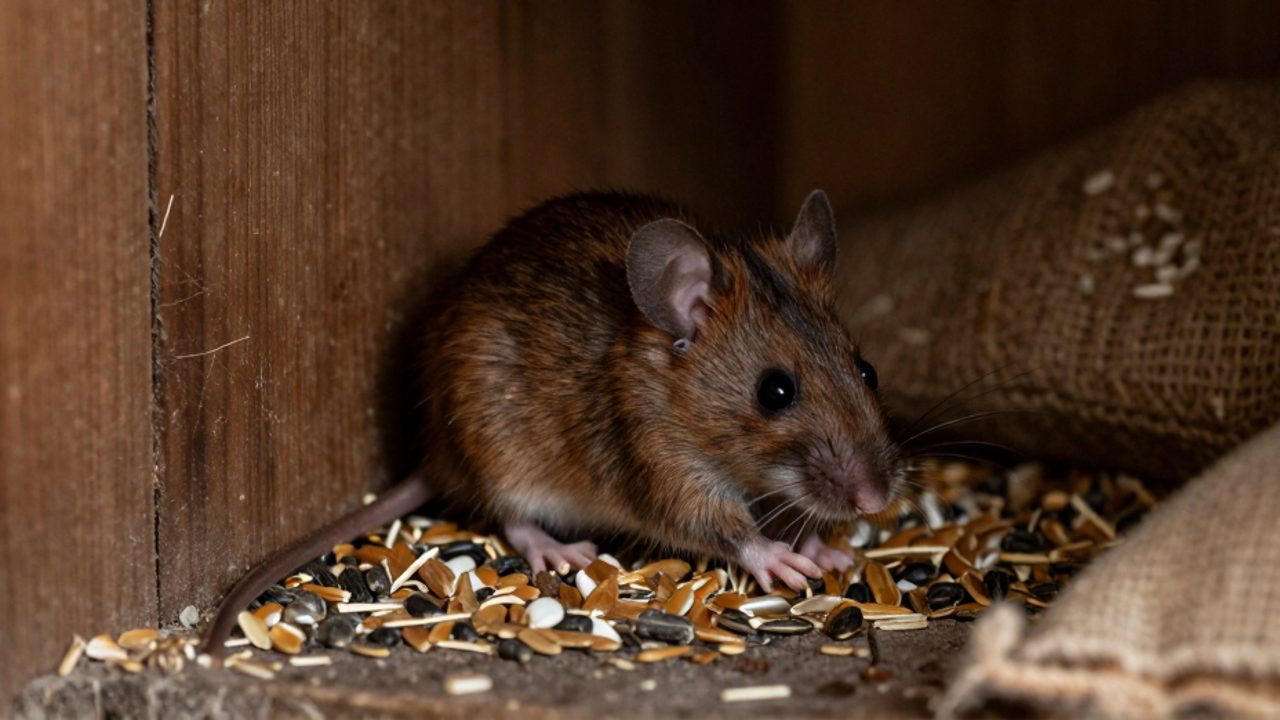 Un pequeño ratón con orejas prominentes roe granos y semillas en un rincón oscuro de una despensa de madera.