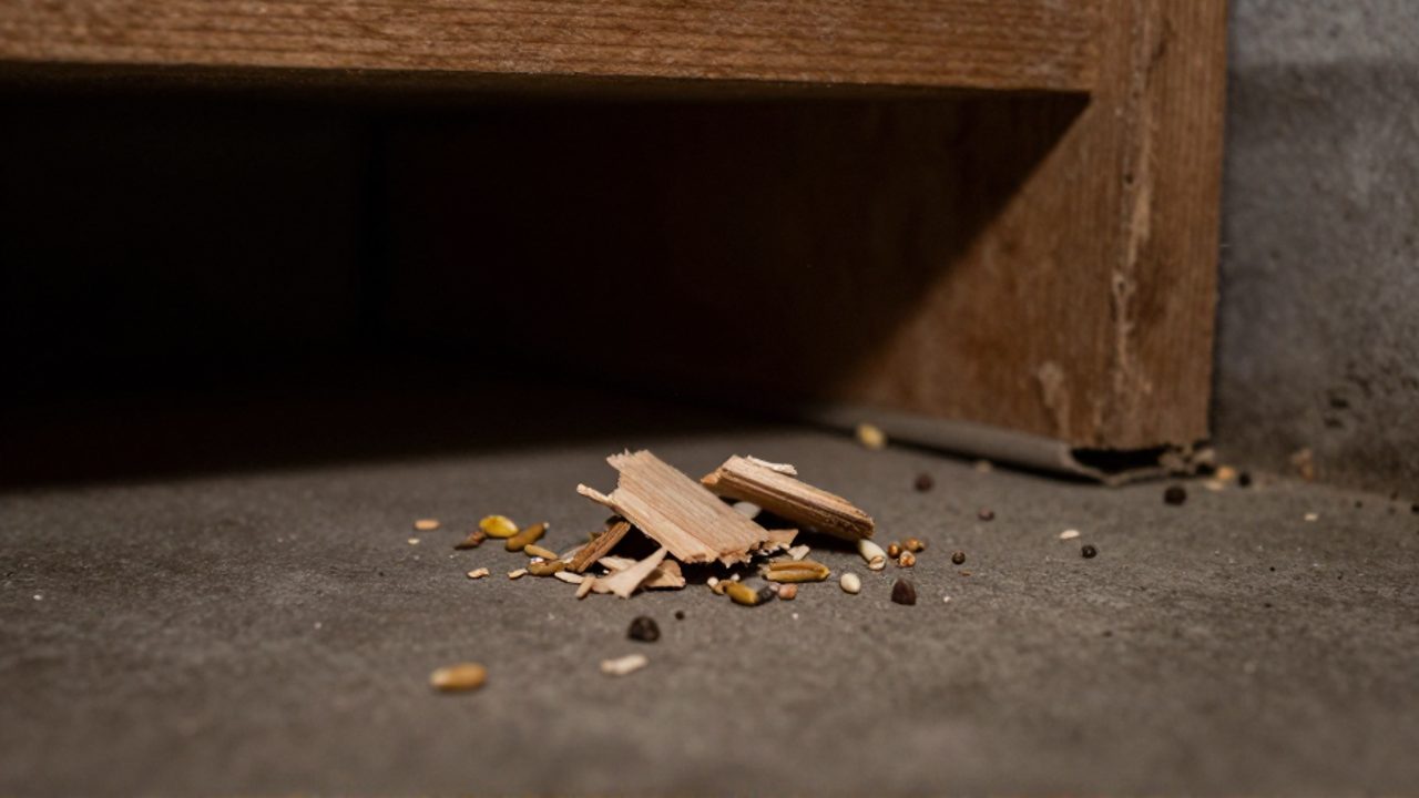 Fragmentos de madera roídos y granos de comida esparcidos sobre un suelo de concreto en un rincón oscuro, señalando la presencia de roedores.
