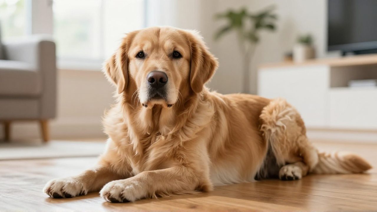 Perro Golden Retriever de pelaje brillante y sano que descansa tranquilo sobre un suelo de madera en una sala iluminada.