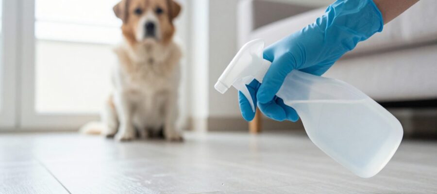 Manos con guantes protectores azules rocían una solución de limpieza en el suelo mientras un perro observa desde una distancia segura.