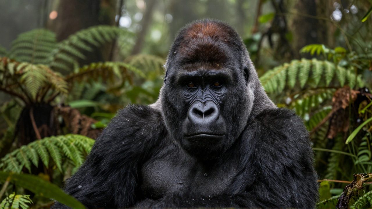Primer plano de un gorila de montaña con pelaje oscuro y denso que observa con calma entre la vegetación de un bosque tropical nuboso.
