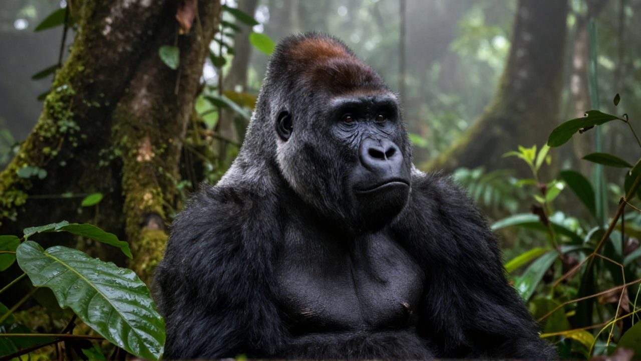 Primer plano de un gorila espalda plateada sentado entre la densa vegetación y la niebla de una selva tropical africana.