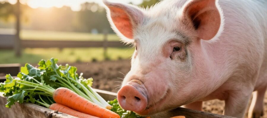 Un cerdo saludable consume zanahorias, vegetales verdes y batatas frescas de un comedero de madera en un corral iluminado por el sol.