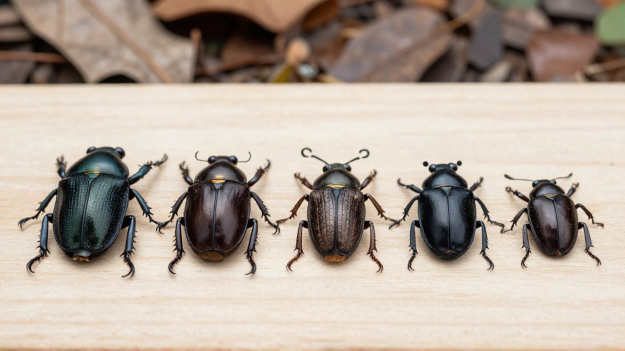 Diversos ejemplares de escarabajos con distintas formas y colores dispuestos sobre una superficie de madera para mostrar la variedad de sus cuerpos y caparazones.