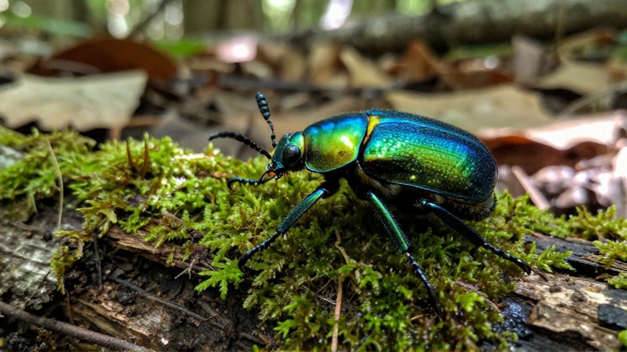 Escarabajo joya de colores metálicos verde y azul desplazándose sobre un tronco cubierto de musgo en un bosque.