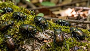 Diversos tipos de escarabajos, incluyendo un escarabajo joya iridiscente y un ciervo volador, recorren la corteza de un árbol con musgo en el suelo de un bosque.