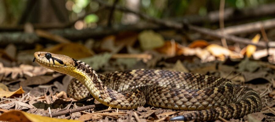 Serpiente de cascabel enroscada sobre un suelo de bosque seco con hojas y ramas.