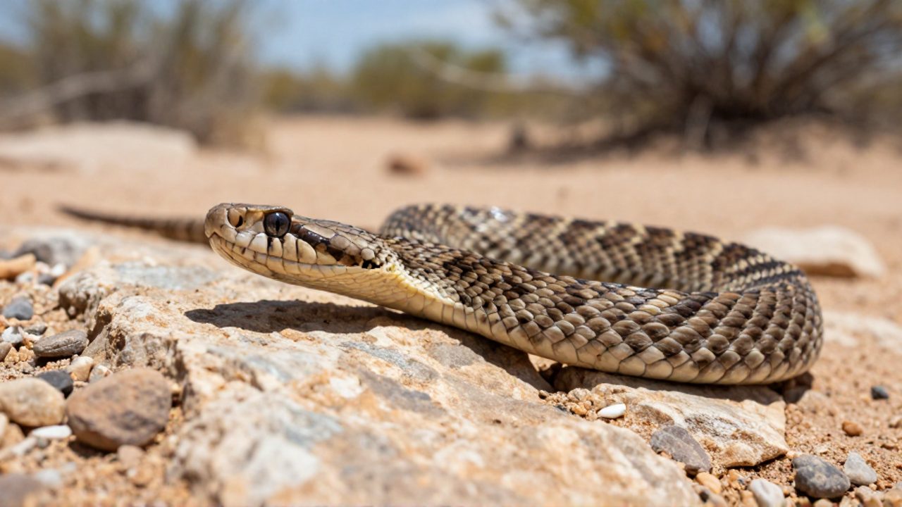Una serpiente de cascabel enroscada sobre una roca en un matorral árido de México.