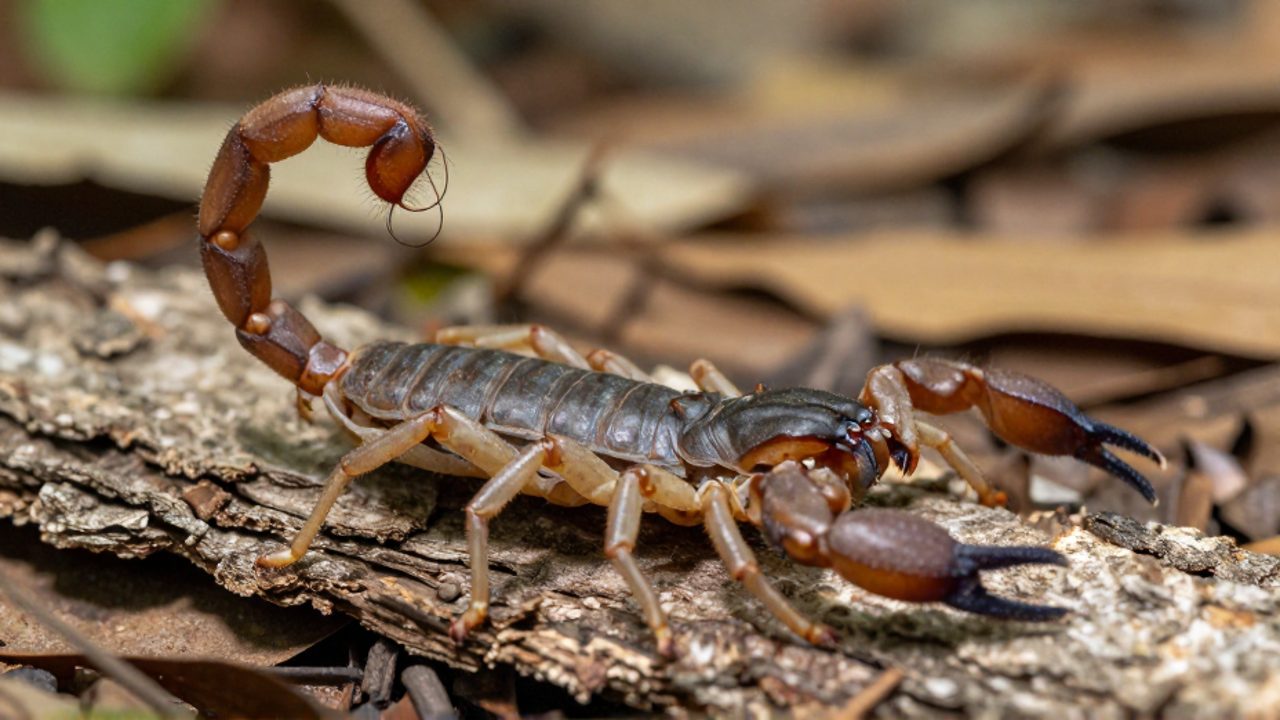 Escorpión del género Centruroides sobre la corteza seca de un árbol en un entorno de bosque.