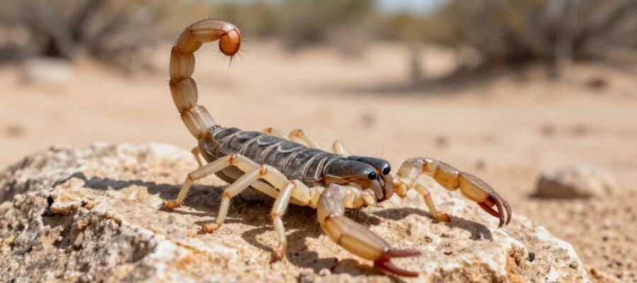Escorpión del género Centruroides desplazándose sobre una roca de piedra caliza en un entorno desértico de México.