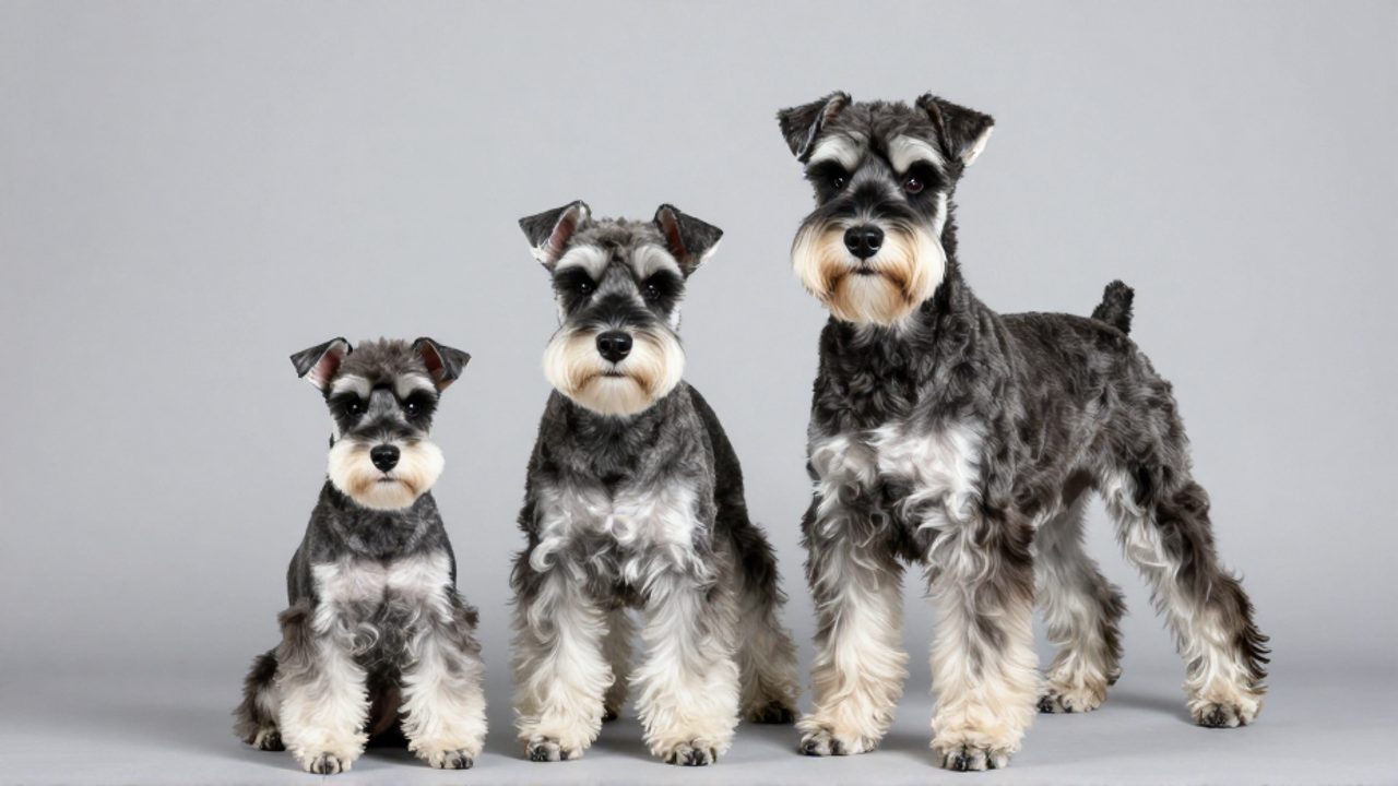 Tres ejemplares de Schnauzer de distintos tamaños, miniatura, estándar y gigante, dispuestos uno al lado del otro para comparar sus dimensiones.