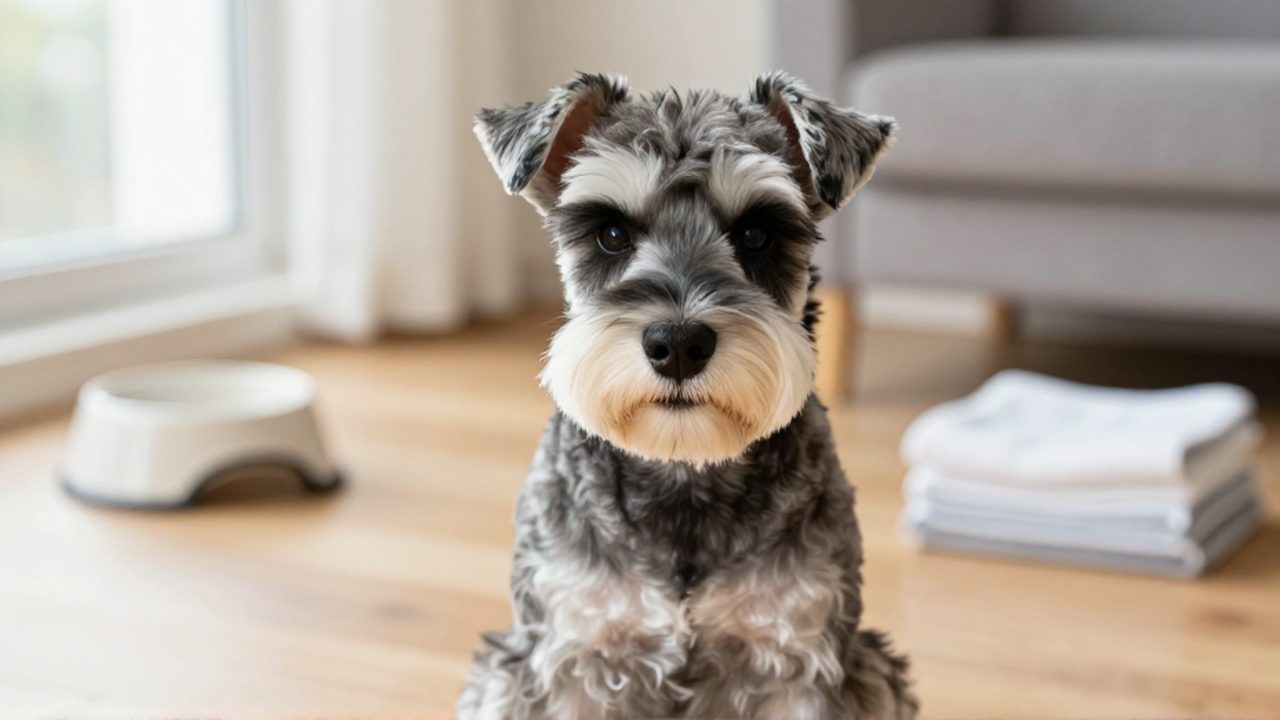 Un Schnauzer miniatura con pelaje sal y pimienta sentado atentamente en una estancia luminosa y cuidada.