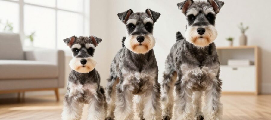 Los tres tipos de Schnauzer, miniatura, estándar y gigante, posan juntos en un salón iluminado para mostrar la diferencia de tamaño entre las razas.