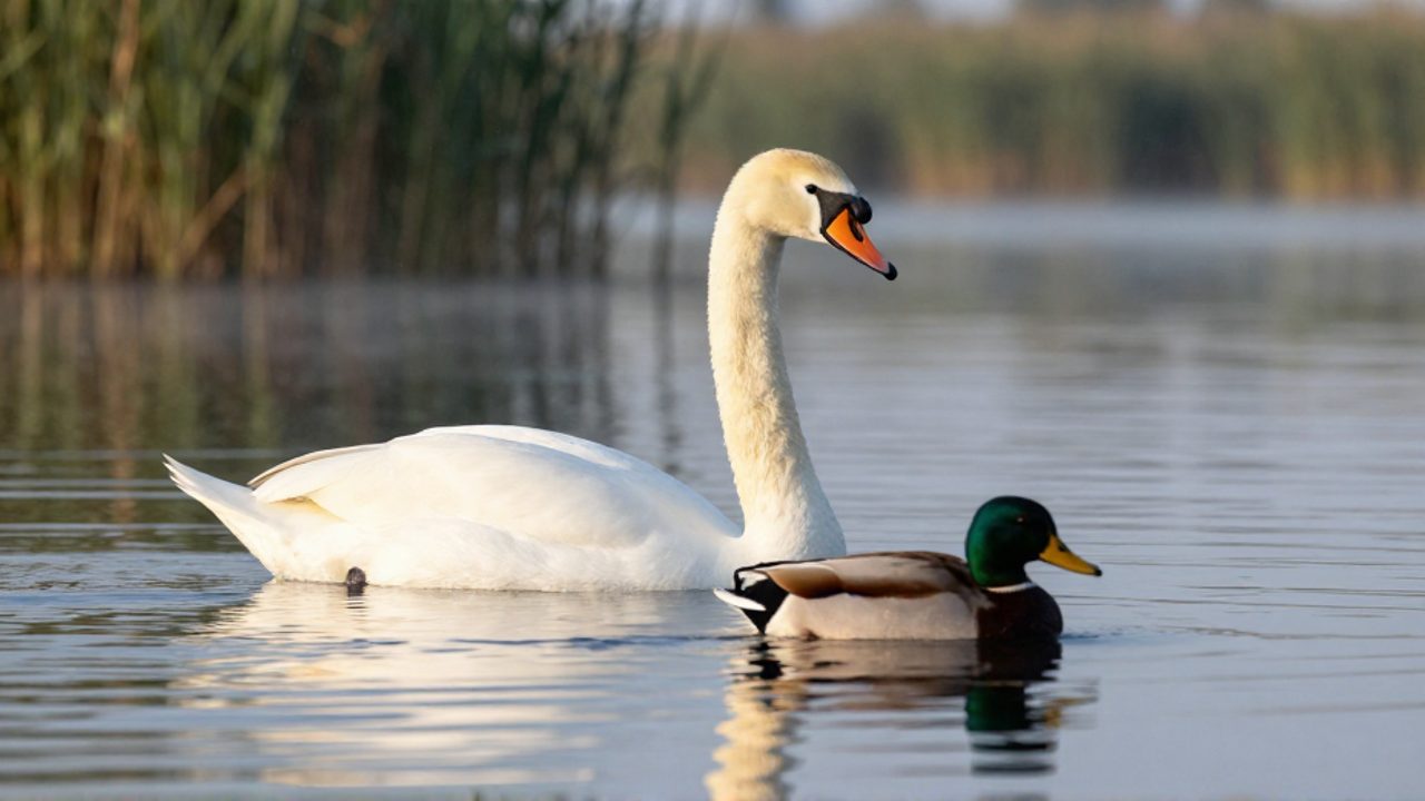 Un cisne mudo blanco de cuello largo y un pato mallard flotan sobre la superficie tranquila de un lago.