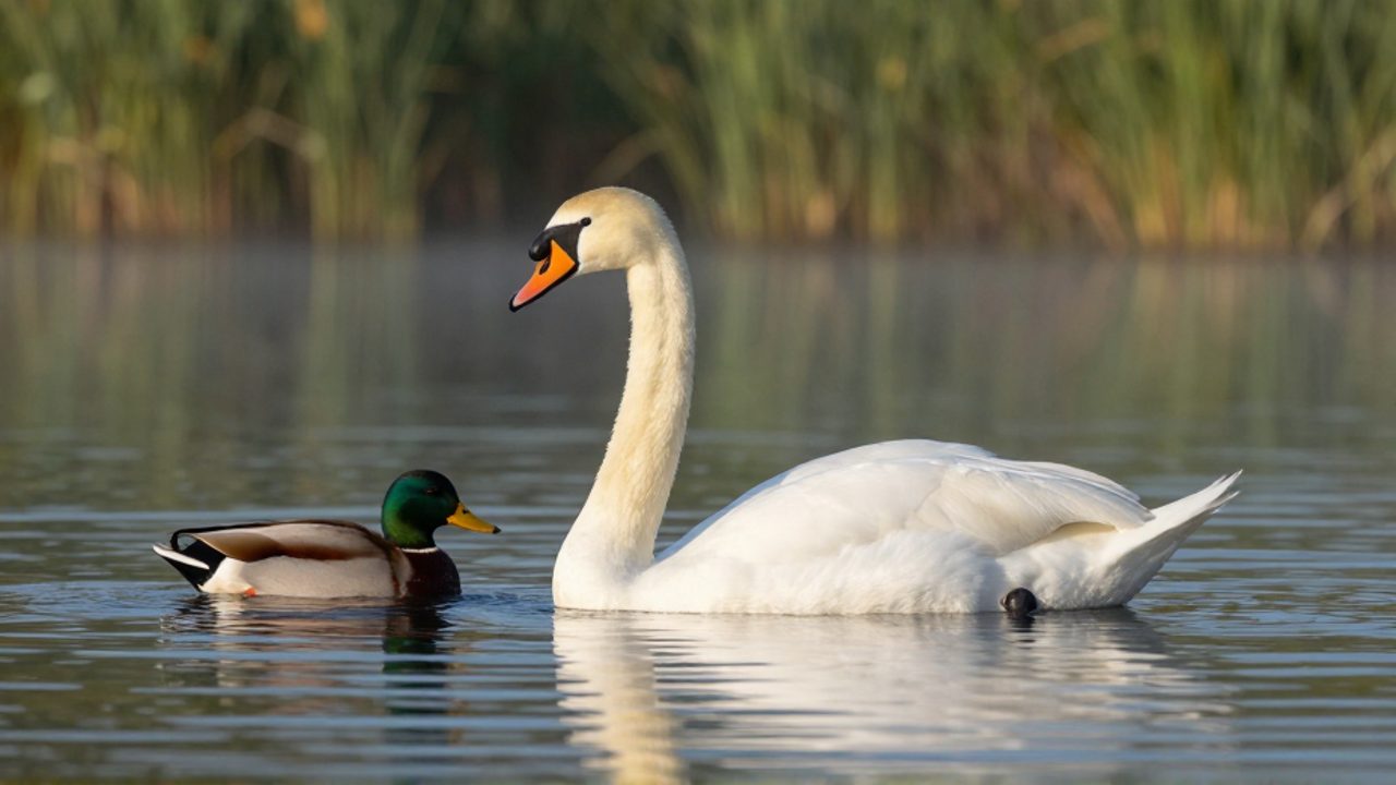 Un cisne blanco de cuello largo y un pato de cabeza colorida flotan sobre la superficie de un lago tranquilo.