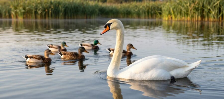 Un cisne blanco nada elegantemente en un lago tranquilo junto a un pequeño grupo de patos de plumaje marrón.