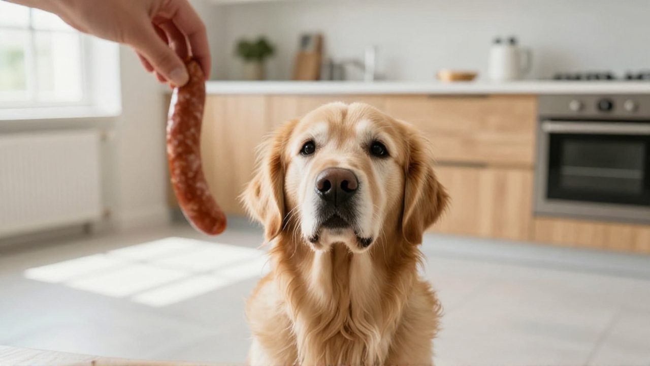 Un perro Golden Retriever mira con atención una salchicha que sostiene una persona en una cocina luminosa.
