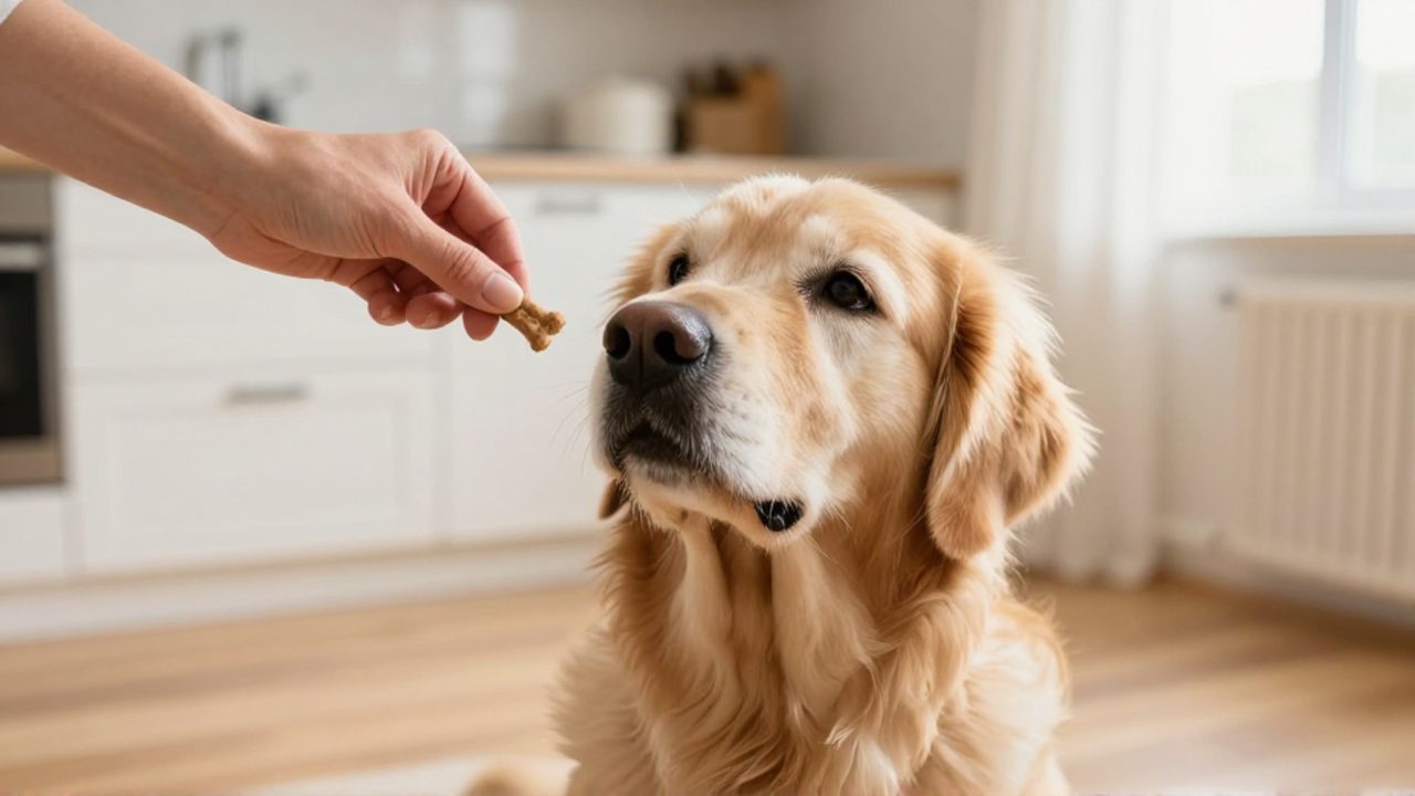 Un perro Golden Retriever sentado en una cocina espera con atención mientras una mano le ofrece un pequeño premio para mascotas.