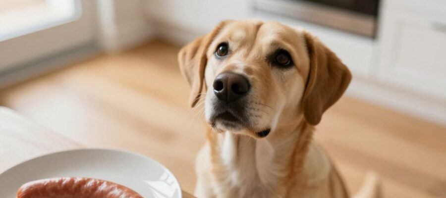 Perro sentado en una cocina mirando con expectación un trozo de salchicha sobre un plato.