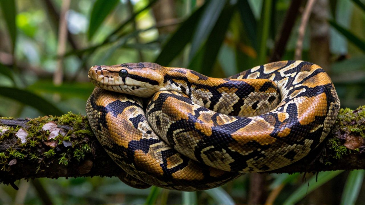 Pitón reticulada enroscada sobre una rama con musgo en un entorno de selva tropical.