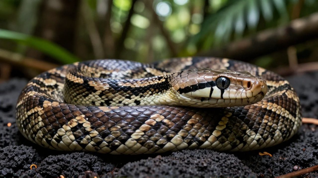 Primer plano de las escamas detalladas y el ojo de una serpiente constrictora enroscada sobre una roca volcánica en un entorno selvático.
