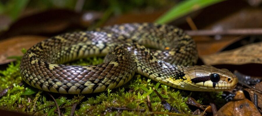 Serpiente de la familia Colubridae con escamas de patrones geométricos deslizándose sobre un suelo de bosque cubierto de musgo.
