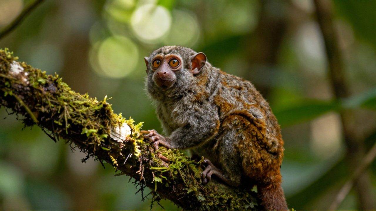 Un tití pigmeo con pelaje grisáceo se posa sobre una rama con musgo en la selva amazónica.