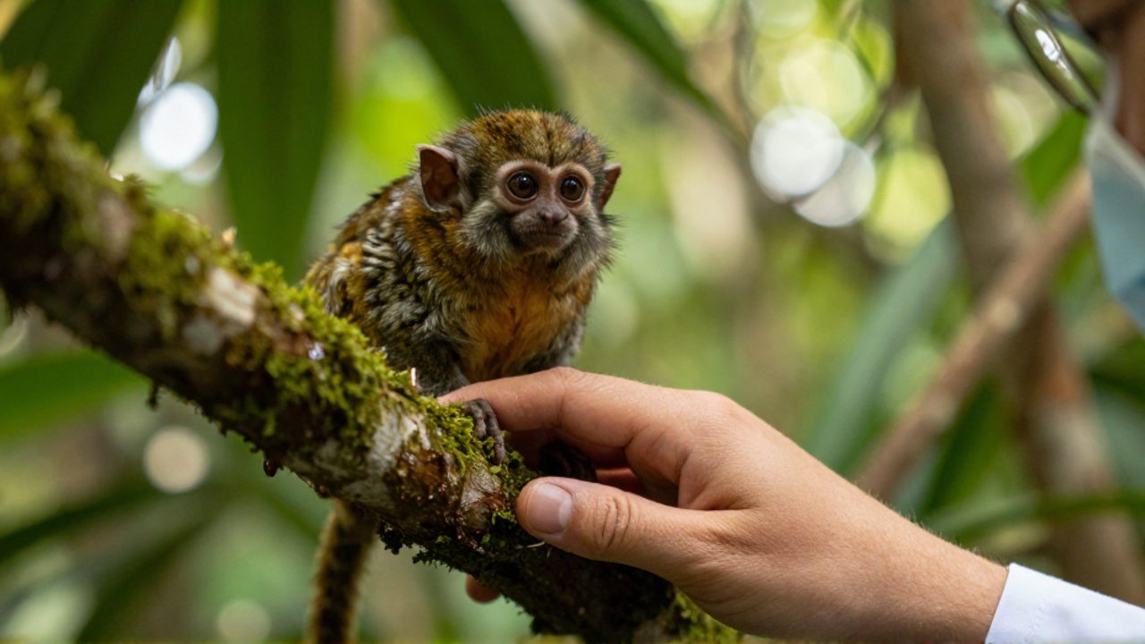 Un pequeño tití pigmeo se aferra a un tronco con musgo en una selva mientras la mano de un investigador se acerca con cuidado en un entorno de conservación.