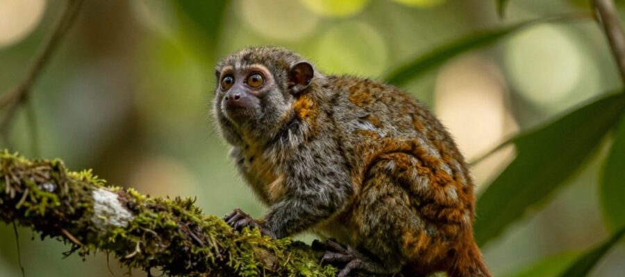 Un tití pigmeo de pelaje marrón grisáceo posado sobre una rama con musgo en la selva amazónica.