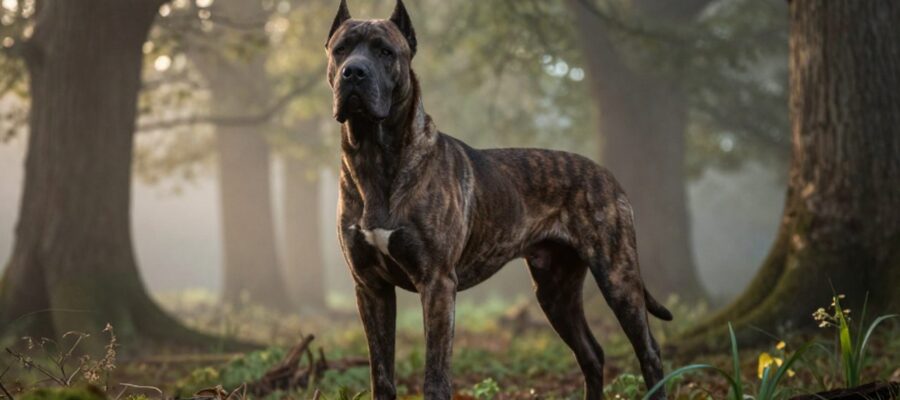 Un bulldog Bullenbeisser de complexión robusta y pelaje atigrado permanece alerta en un bosque neblinoso al amanecer.
