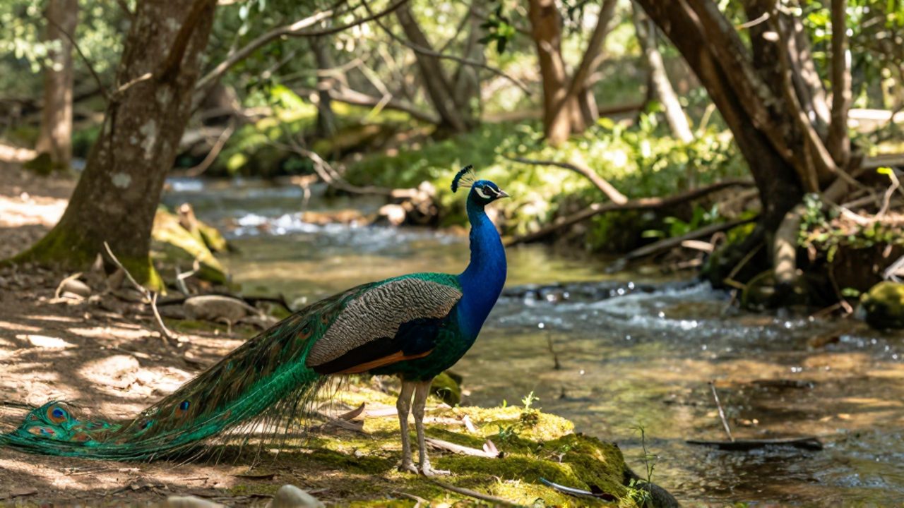 Pavo real de la India con plumaje azul iridiscente parado sobre un suelo con musgo en un claro de un bosque junto a un arroyo.