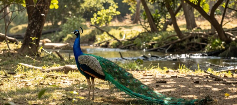 Un pavo real despliega su plumaje azul brillante mientras camina por un claro de bosque iluminado por el sol junto a un arroyo.