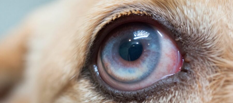 Primer plano de un ojo de perro con la córnea opaca y de aspecto lechoso debido a una inflamación.