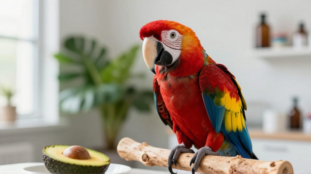 Guacamaya roja posada en una rama junto a trozos de aguacate en primer plano, simbolizando los alimentos prohibidos para su dieta.